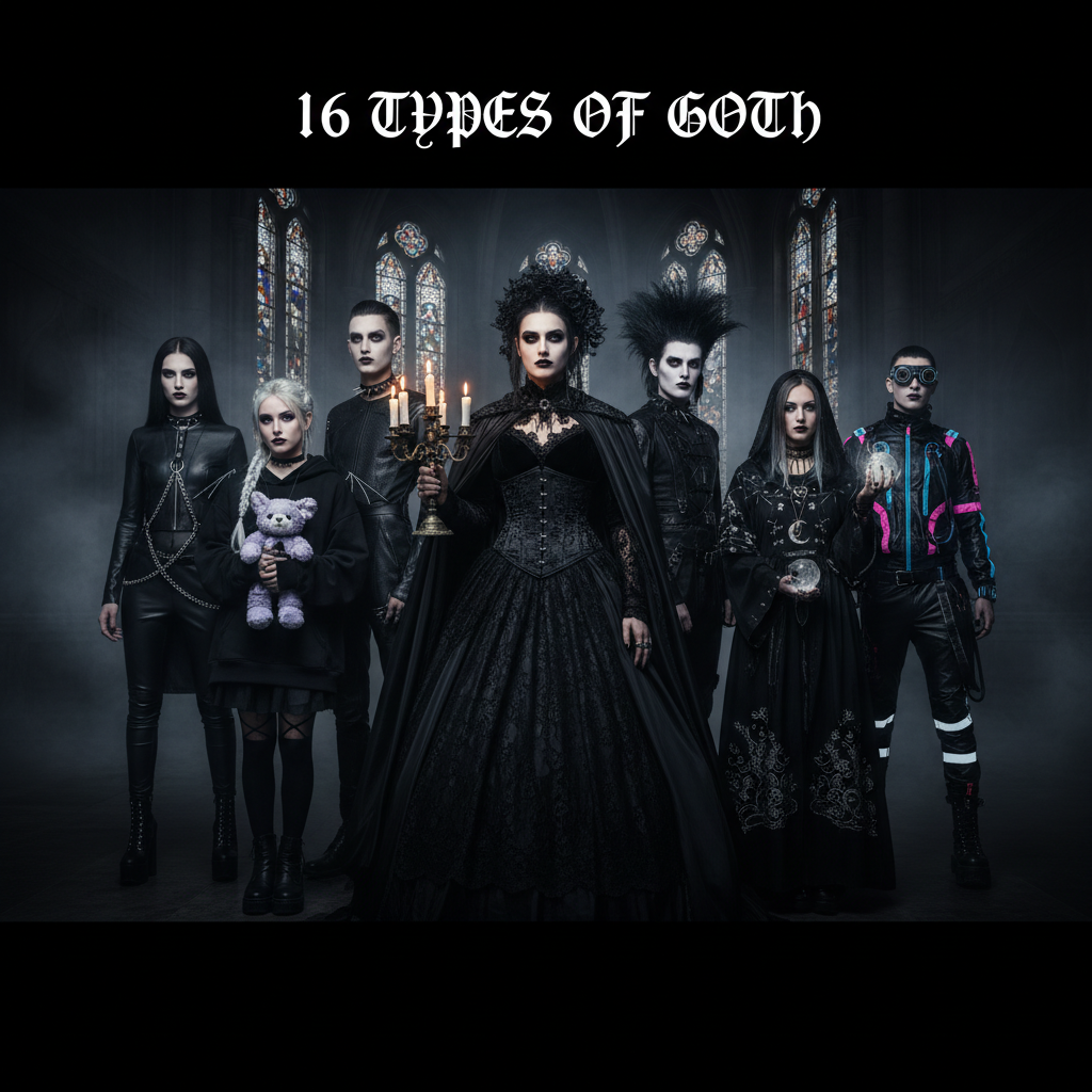 The different types of goth subgenres styled together in candlelit darkness