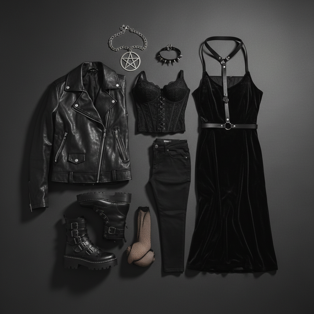 Goth capsule wardrobe flat lay with black corset, velvet dress, leather jacket, platform boots, and silver jewelry
