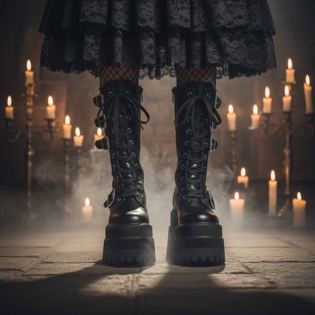 Black gothic platform boots styled with fishnet tights in moody candlelit lighting