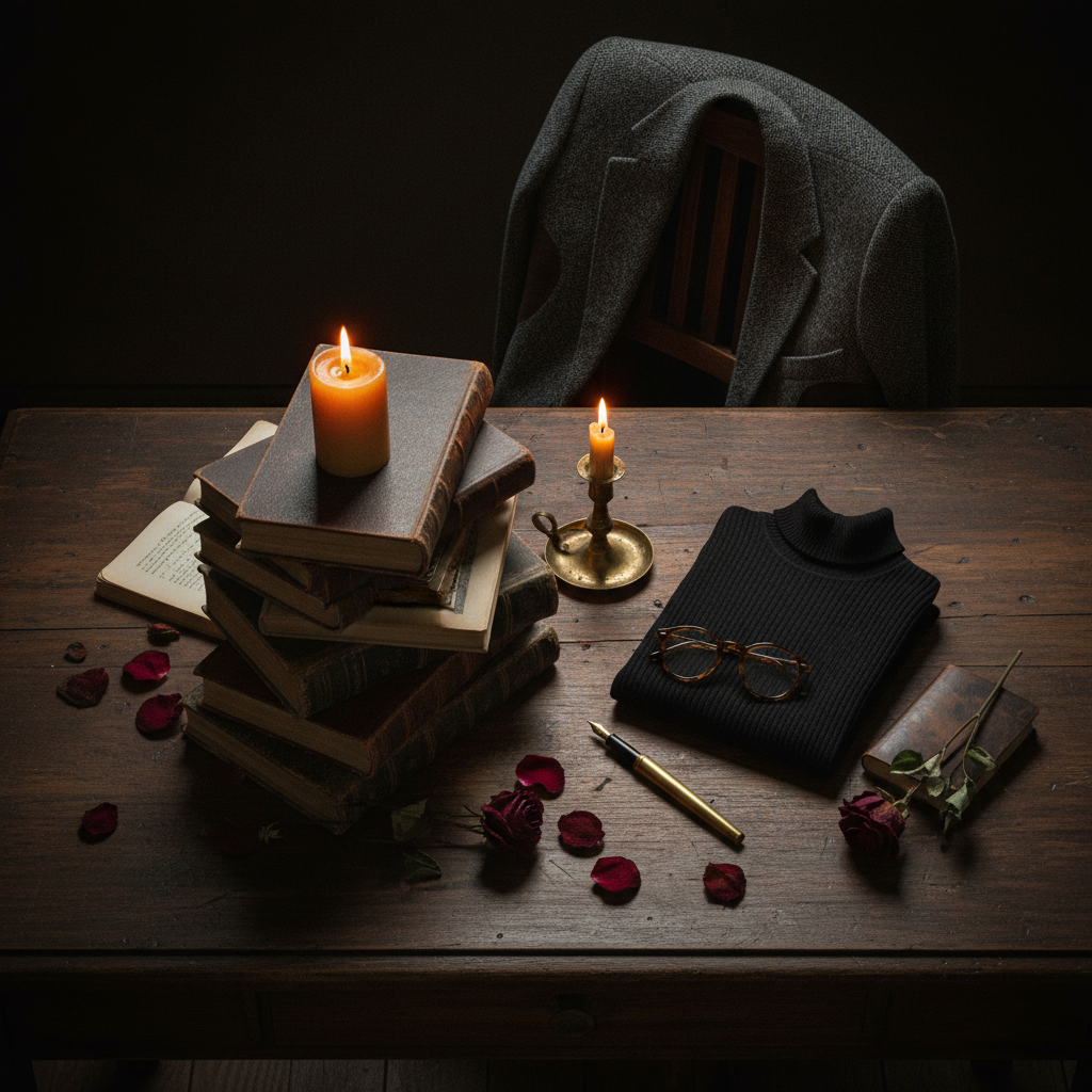 Candlelit dark academia flat-lay with leather books, a tweed blazer, glasses, and dried roses
