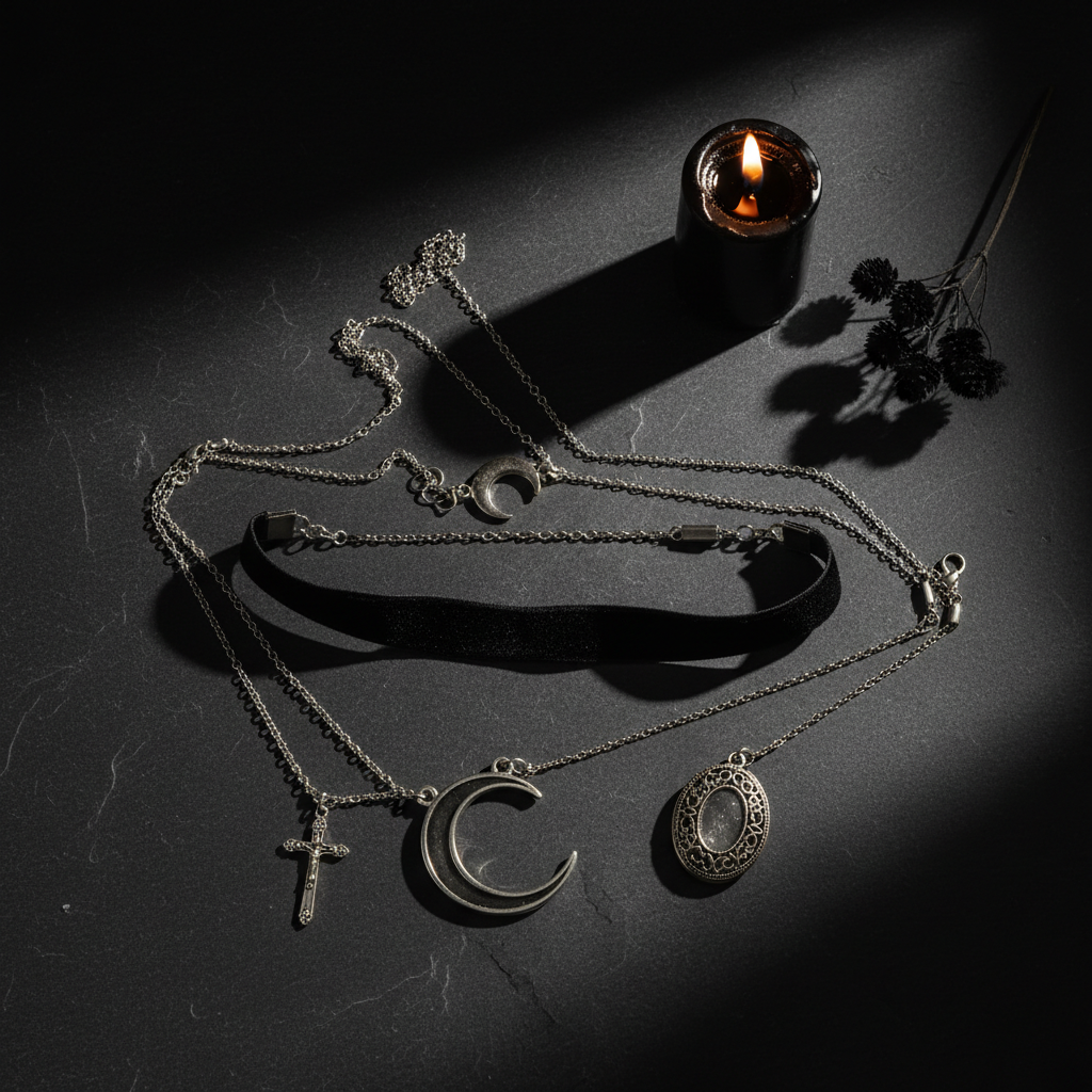 Layered gothic silver necklaces, a velvet choker, crescent moon pendant and cross arranged by candlelight on dark slate