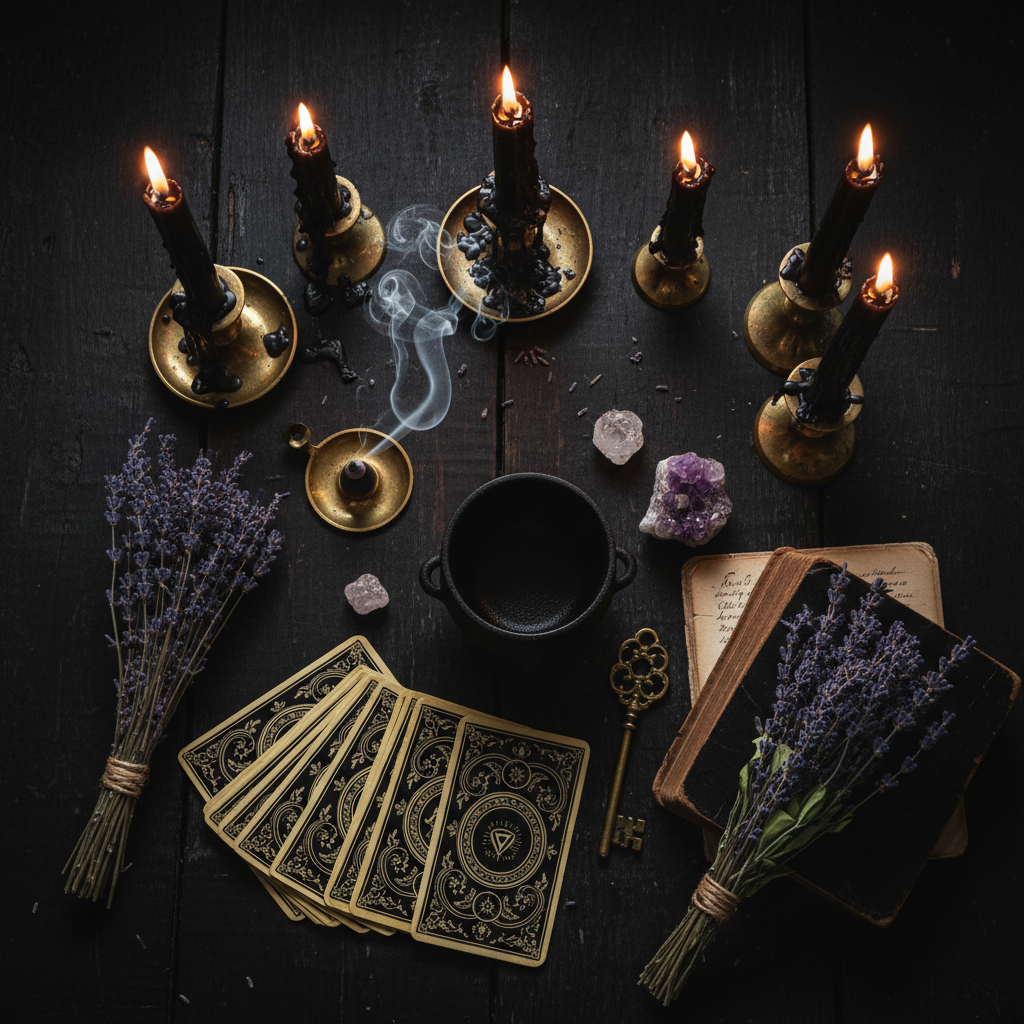 Candlelit witchy home decor flat-lay with black candles, tarot cards, crystals, dried herbs, and incense smoke on dark wood