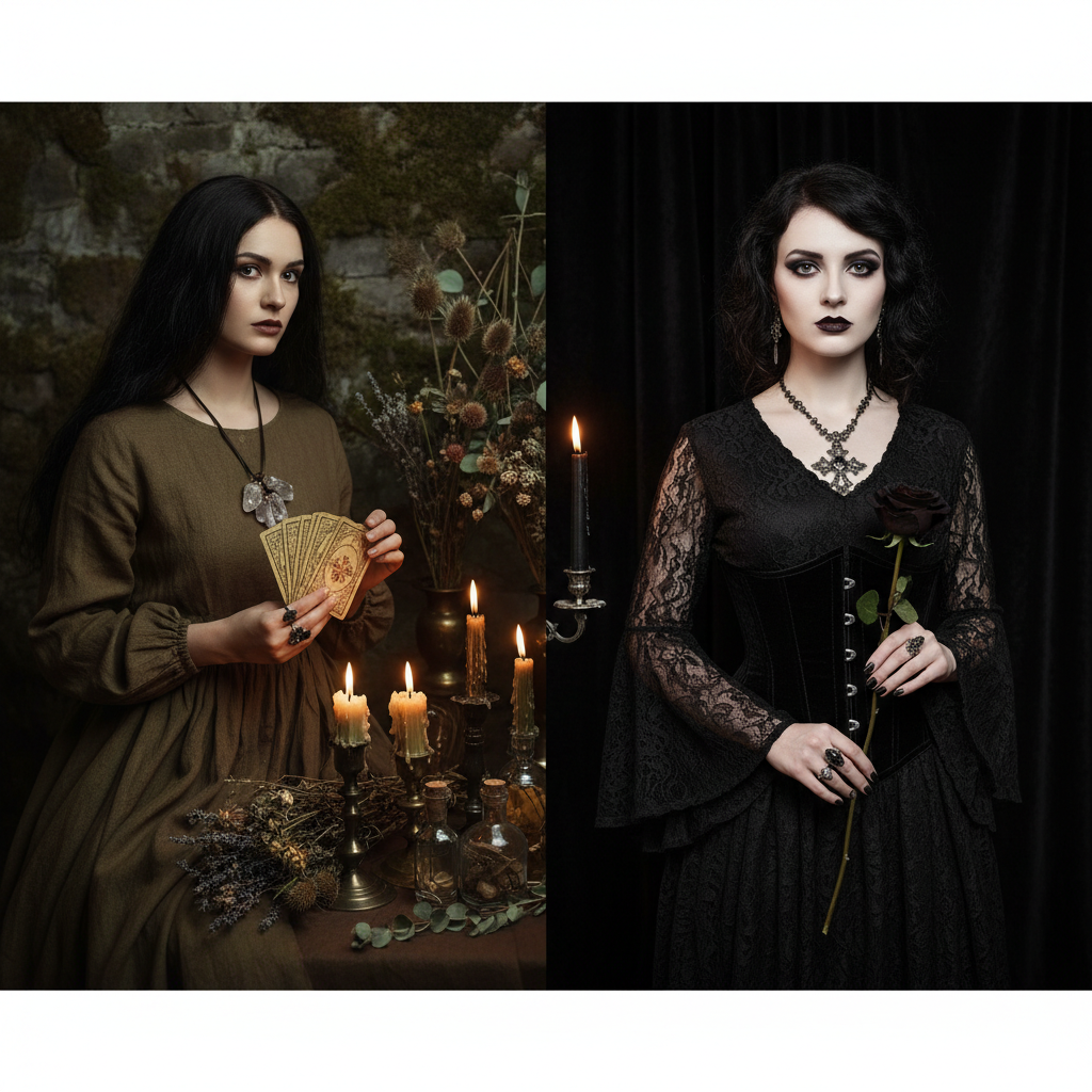 Witchcore versus goth styling compared, earthy witchy look beside a classic black goth look, candlelit