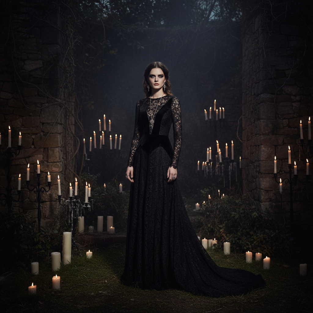 Woman in an elegant black lace gothic wedding-guest dress in a candlelit chapel at dusk