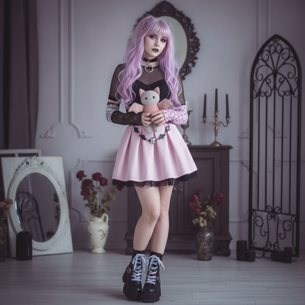 Pastel goth outfit: lavender hair, black mesh top, pastel pink skirt, and a creepy-cute bat plush