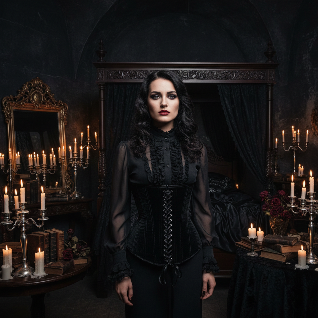 Woman in a black lace-up velvet underbust corset over a sheer blouse in a candlelit gothic room