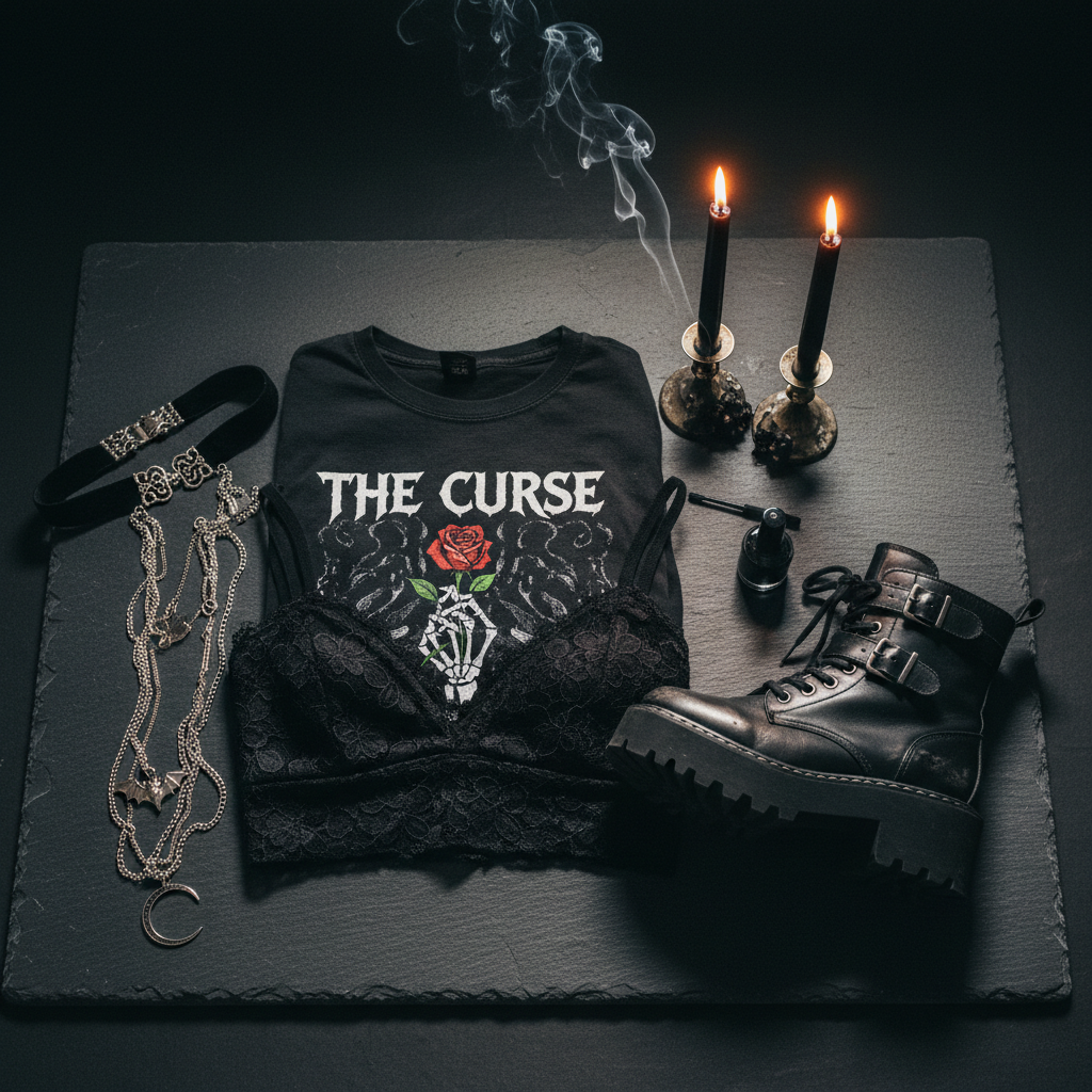 Candlelit flat-lay of budget goth wardrobe basics: black lace top, band tee, silver chain necklaces, velvet choker, and a platform boot