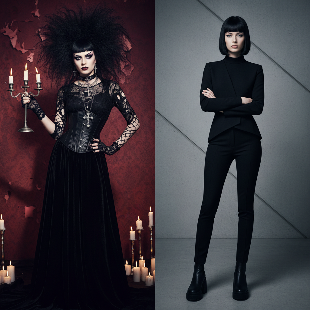 Split image comparing trad goth and nu goth fashion styles side by side