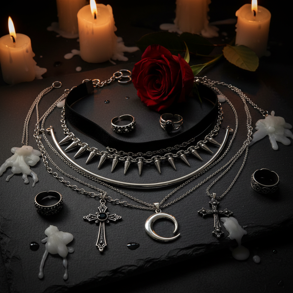 Gothic jewelry flat-lay: silver chokers, moon and cross pendants, and stacked spiked rings on dark slate by candlelight