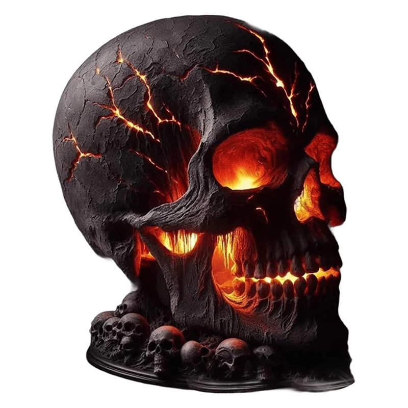 Gothic home decor, skull flame table lamp in a dark room