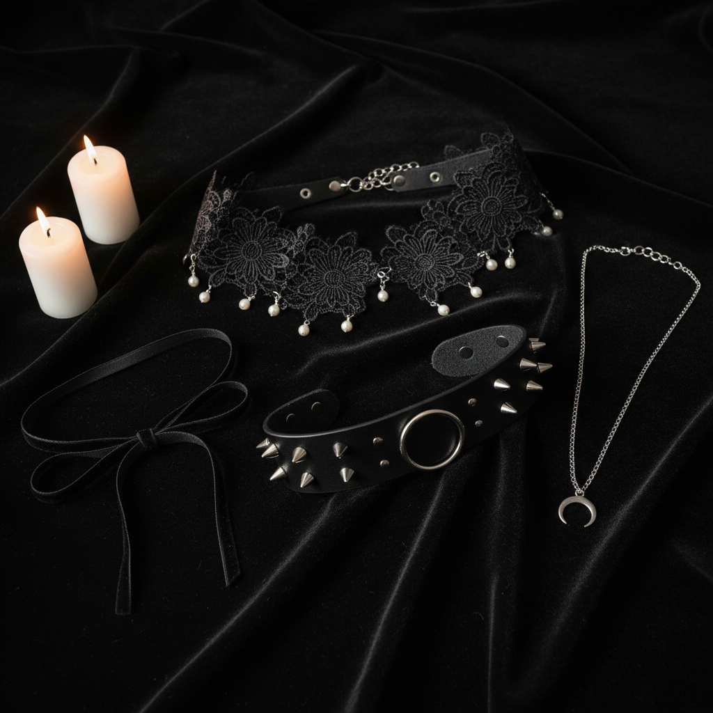 Black goth chokers arranged on dark velvet by candlelight: velvet ribbon, lace, studded leather collar, and silver crescent moon chain