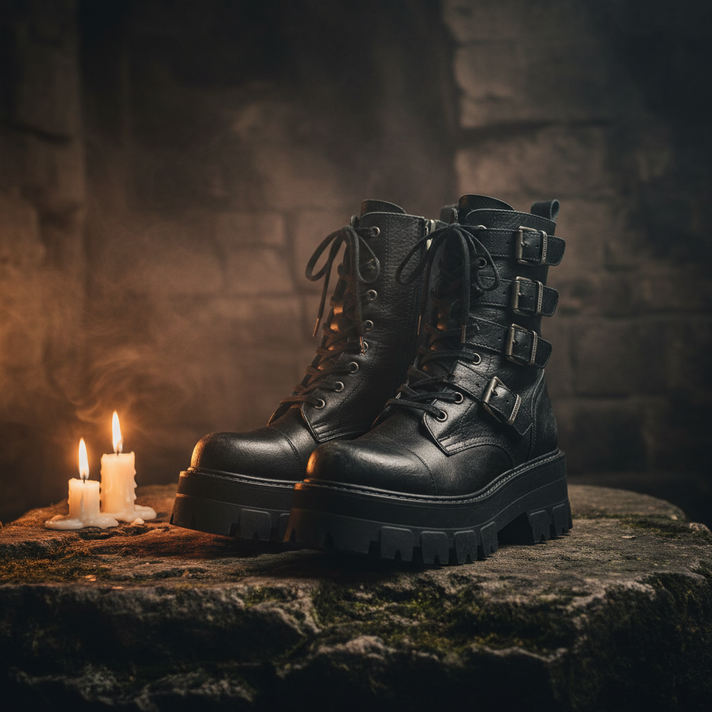 Black gothic platform boots with chunky lug soles lit by candlelight on dark stone