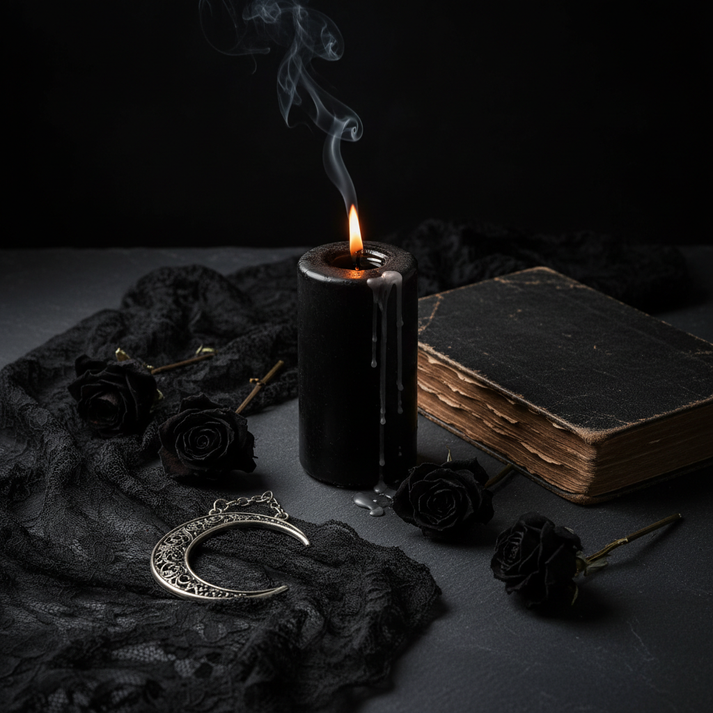 Goth flat lay with black lace, a crescent moon choker, dried roses and a candle, a beginner's guide to the goth aesthetic