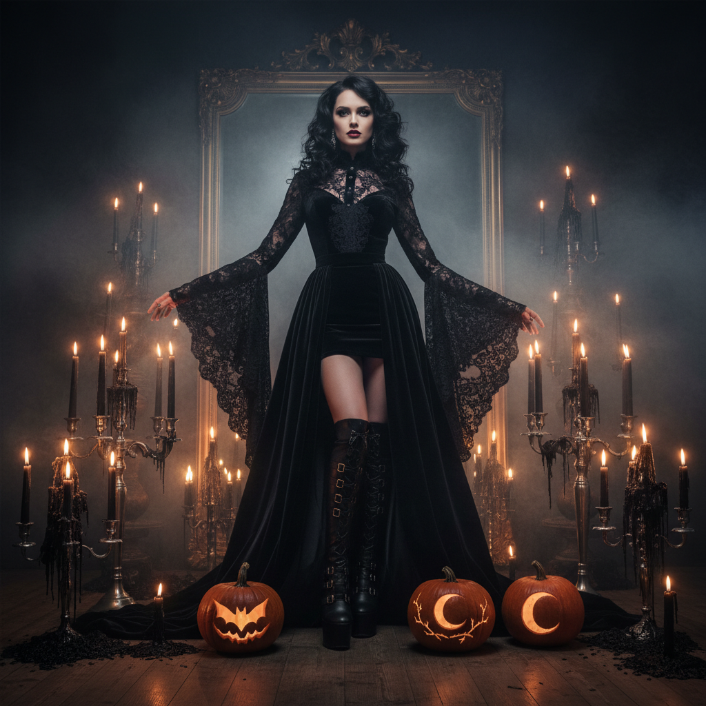 Goth Halloween outfit: woman in black velvet and lace with platform boots in a candlelit dark room