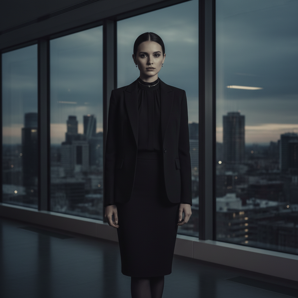 Woman in a corporate goth office outfit: black tailored blazer, high-neck top, and minimal silver jewelry