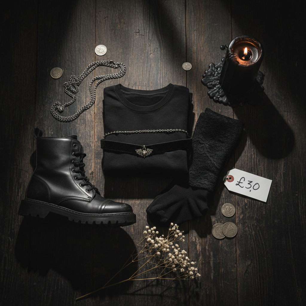 Candlelit flat-lay of affordable goth basics: black clothing, silver chain necklaces, a velvet choker, and a black combat boot