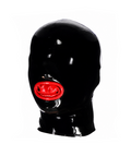 A glossy black latex hood or mask with a bright red silicone mouth piece, shown against a plain white background.