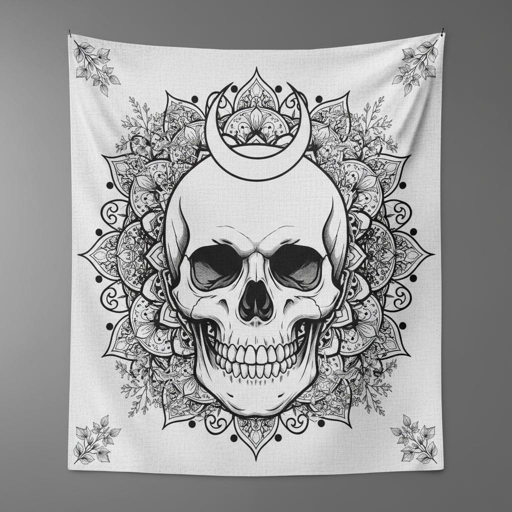 Gothic Skull & Moon Tapestry, black and white skull, crescent moon and floral mandala wall hanging