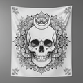 Gothic Skull & Moon Tapestry, black and white skull, crescent moon and floral mandala wall hanging