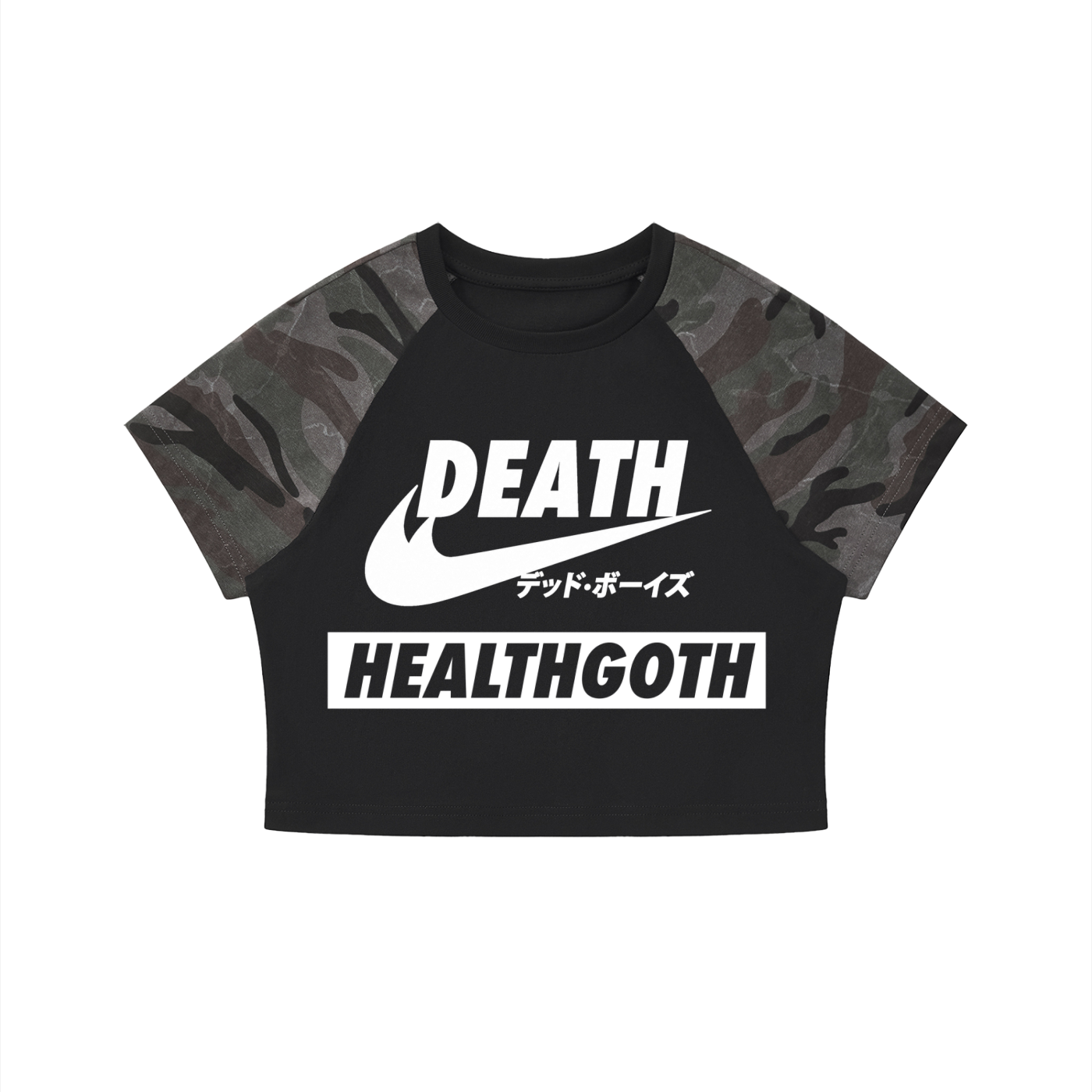 Heath Goth Women’s Camo Raglan Crop T-Shirt