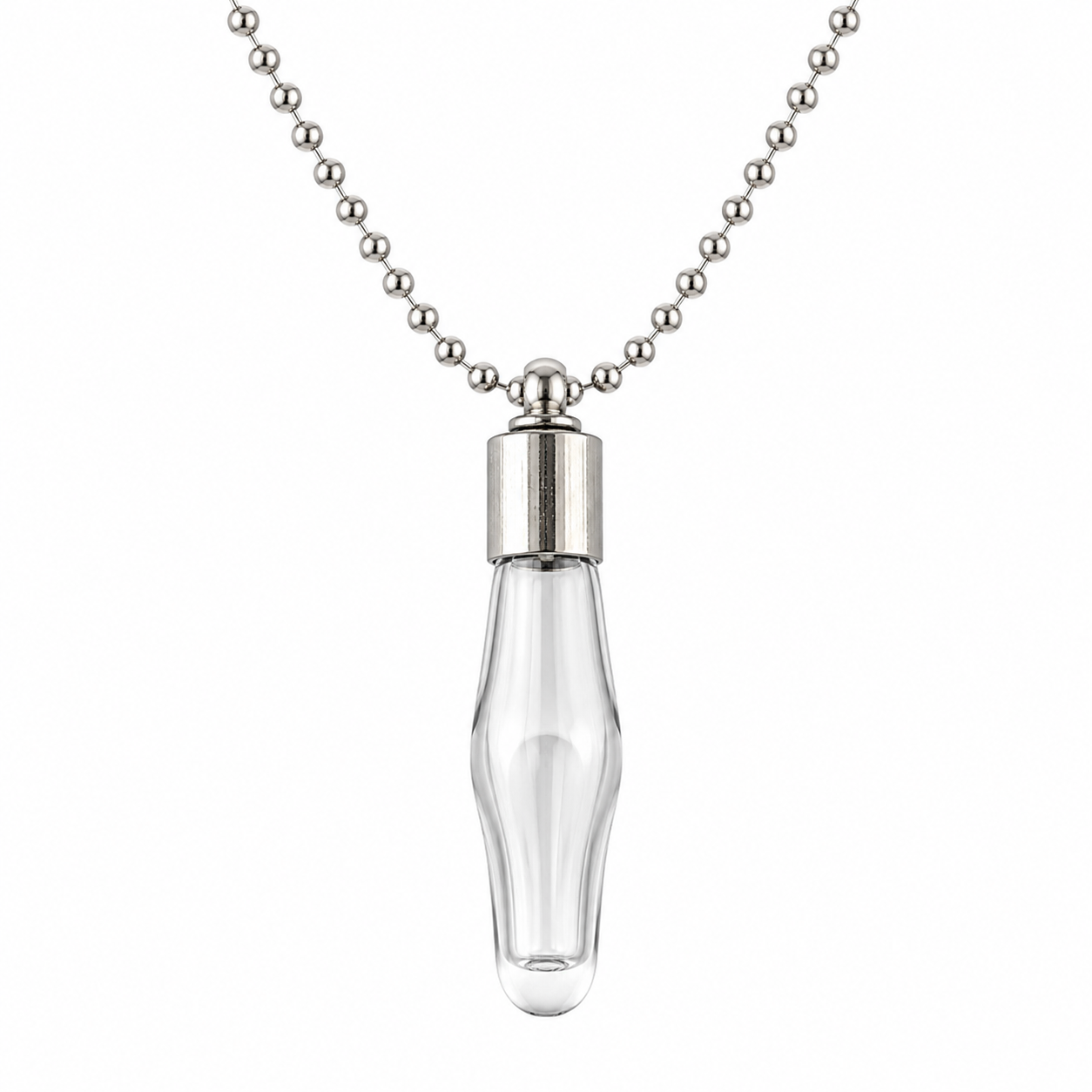Clear curved glass vial pendant with a silver cap on a silver ball chain, shown against a white background.