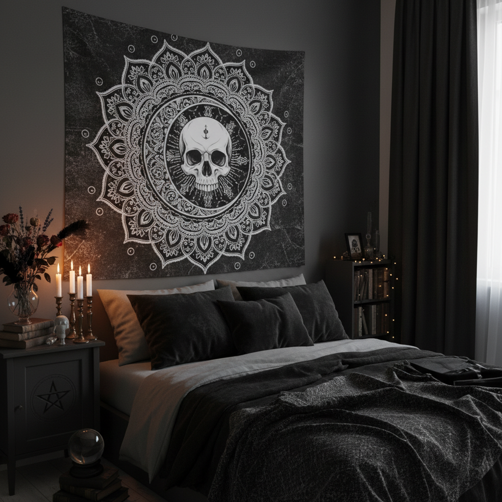 Gothic Skull & Moon Tapestry, black and white skull, crescent moon and floral mandala wall hanging