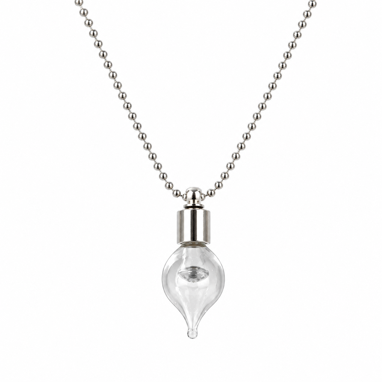 Clear teardrop-shaped glass vial pendant with a silver cap on a silver ball chain, shown against a white background.