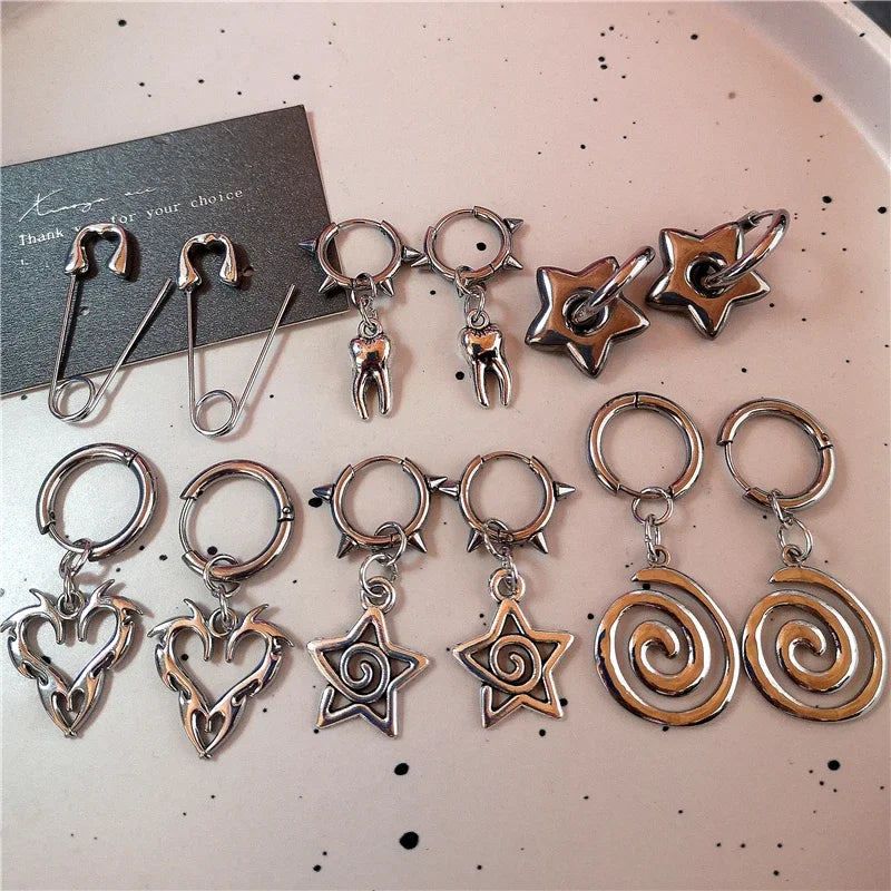 Y2K Safety Pin Charm Hoop Earrings, Punk