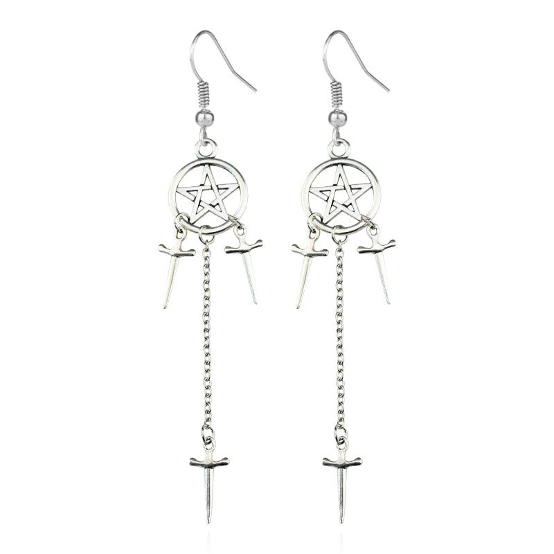 Pentagram Sword Hoop Earrings, Silver product photo 2