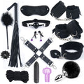 Fourteen-piece black bondage kit with cuffs, gag, whip, plug, and accessories