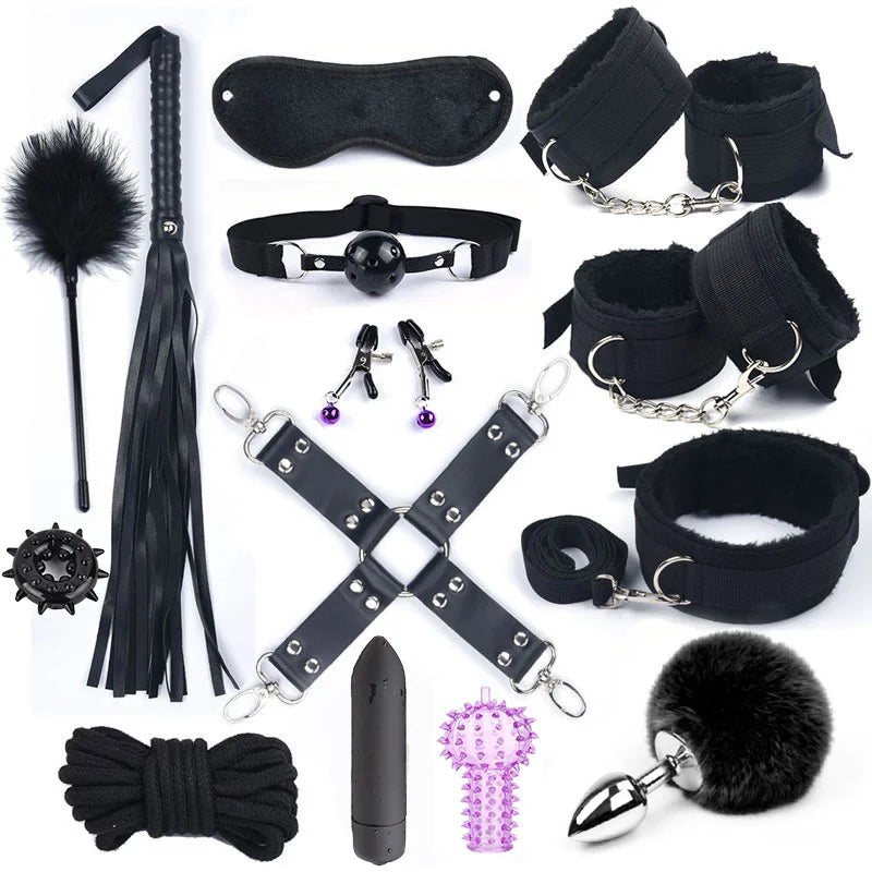 Fourteen-piece black bondage kit with cuffs, gag, whip, plug, and accessories