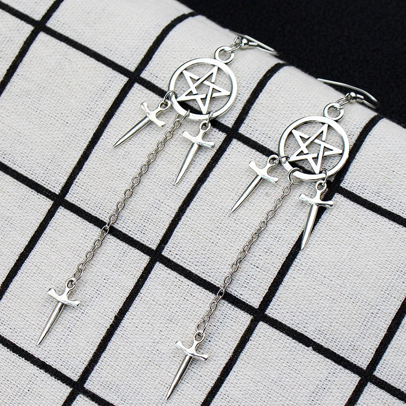 Pentagram Sword Hoop Earrings, Silver product photo 3