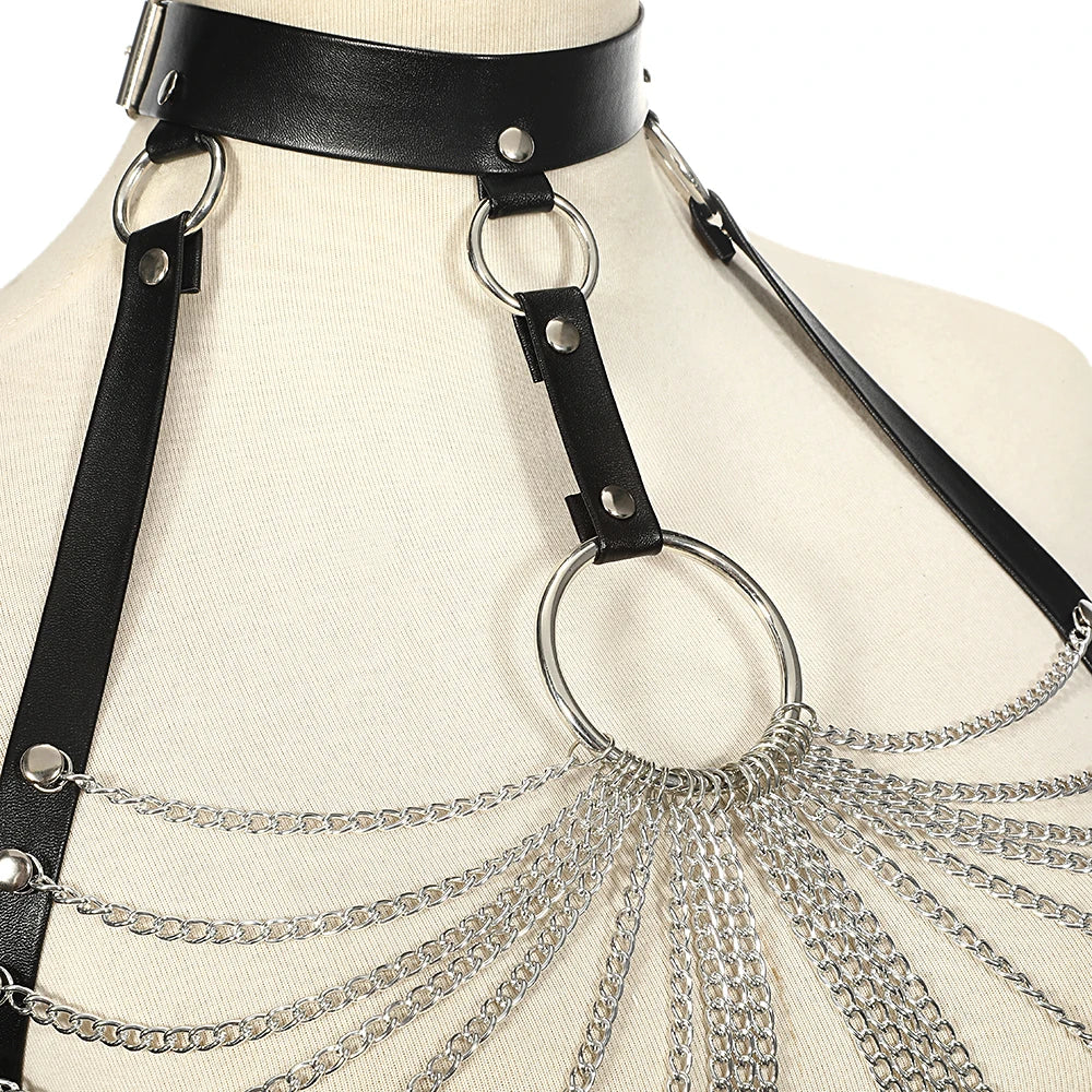 Goth Leather Body Harness, Chain Bra Top product photo 5