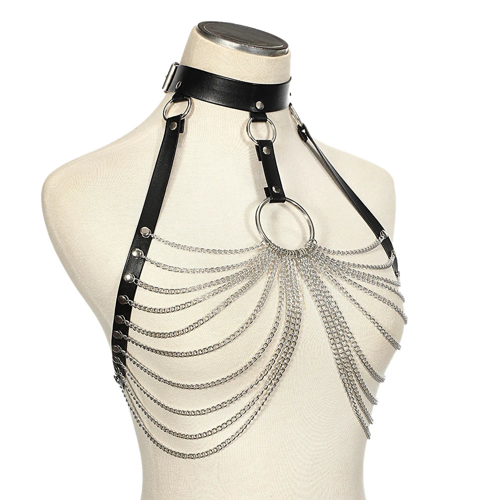 Goth Leather Body Harness, Chain Bra Top product photo 2
