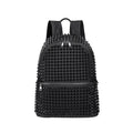 A black rivet studded punk PU leather backpack with washed finish, shown against a plain white background.