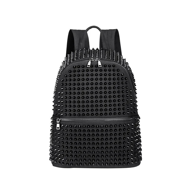 A black rivet studded punk PU leather backpack with washed finish, shown against a plain white background.