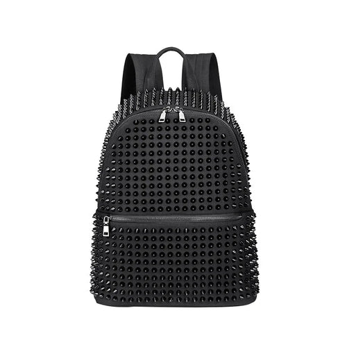 A black rivet studded punk PU leather backpack with washed finish, shown against a plain white background.