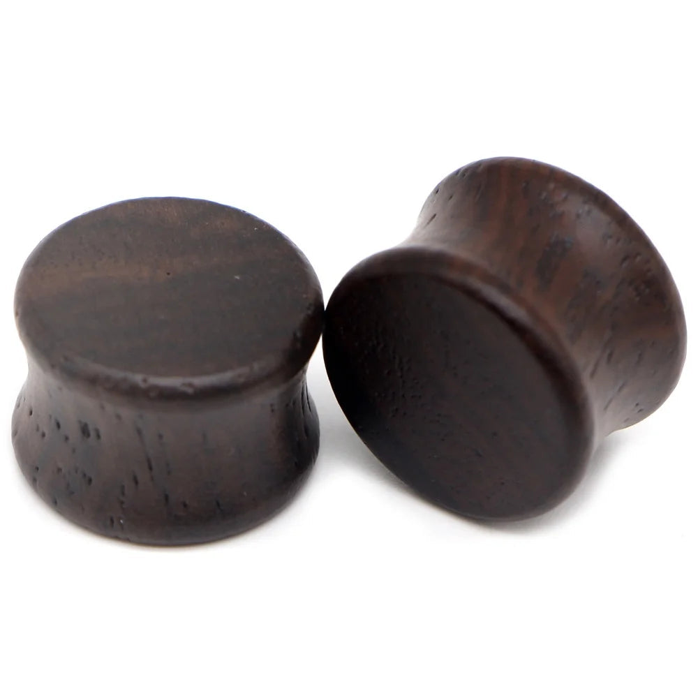 Pair of solid brown wood saddle-fit ear plugs