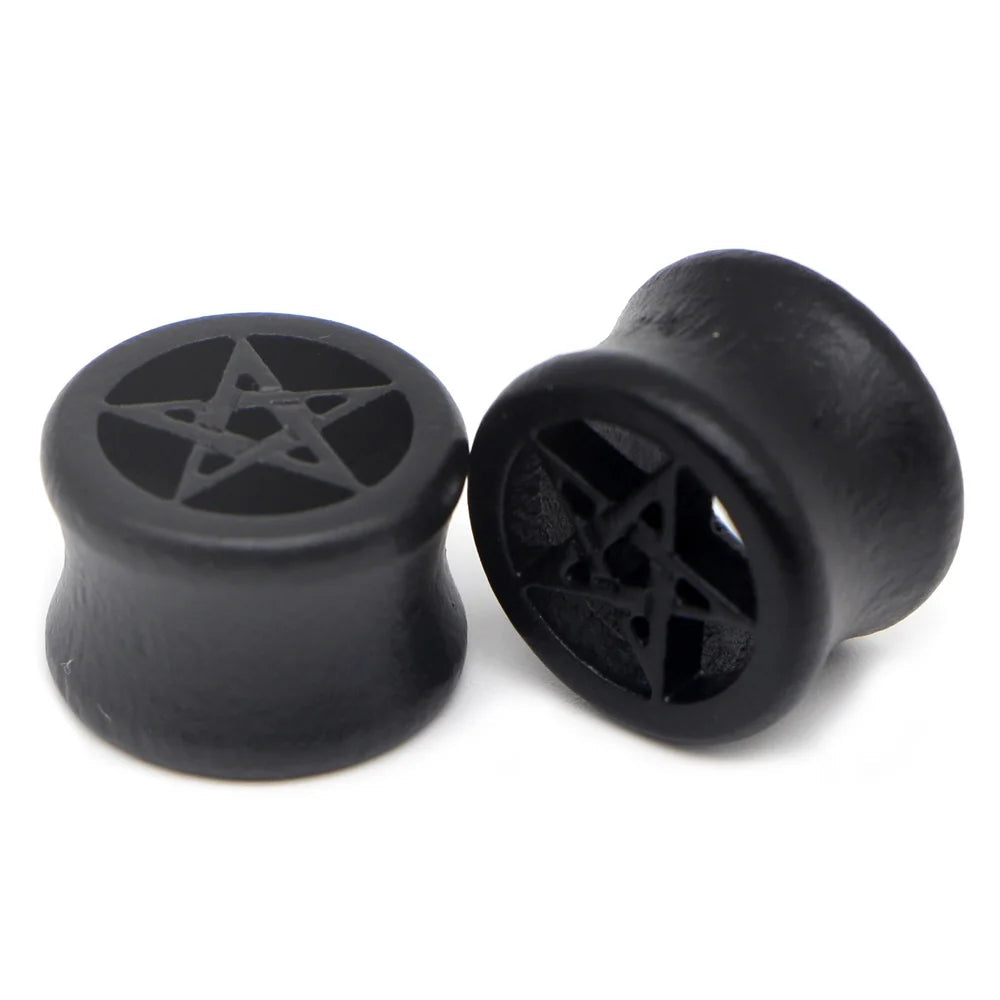 Pair of wood saddle-fit ear plugs with a black star inlay