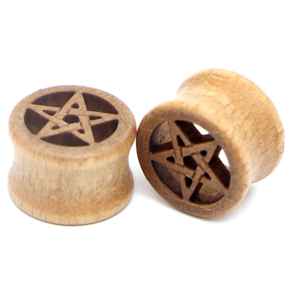 Pair of wood saddle-fit ear plugs with a wood star inlay