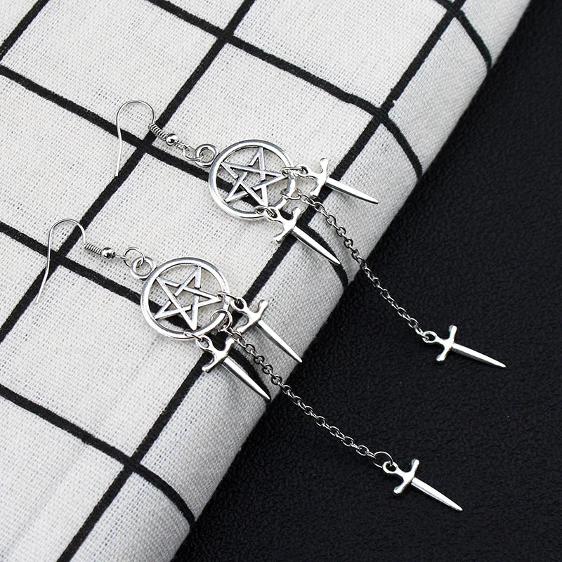 Pentagram Sword Hoop Earrings, Silver