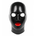 Black Latex Rubber Hood, Transparent Eyes with Red Mouth Gag