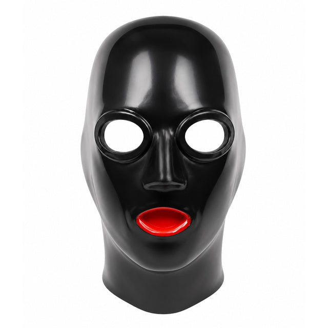 Black Latex Rubber Hood, Transparent Eyes with Red Mouth Gag