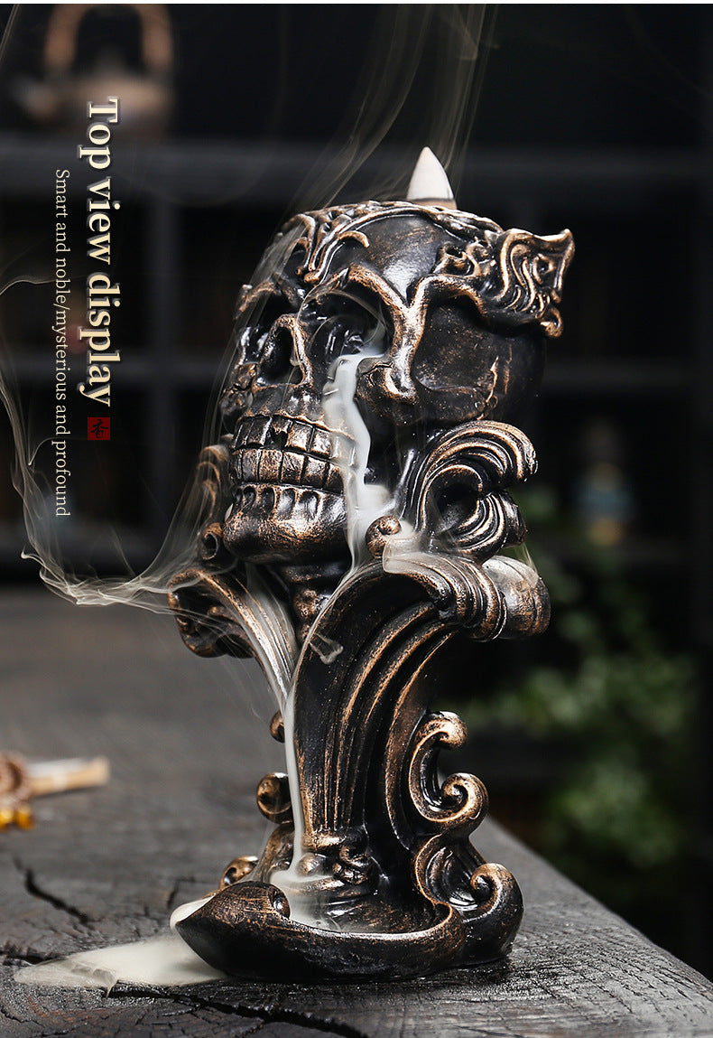 Gothic skull backflow incense burner resin ornament, view 4