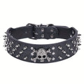 A black PU leather dog collar with round skull rivet decoration and metal buckle, shown against a plain white background.