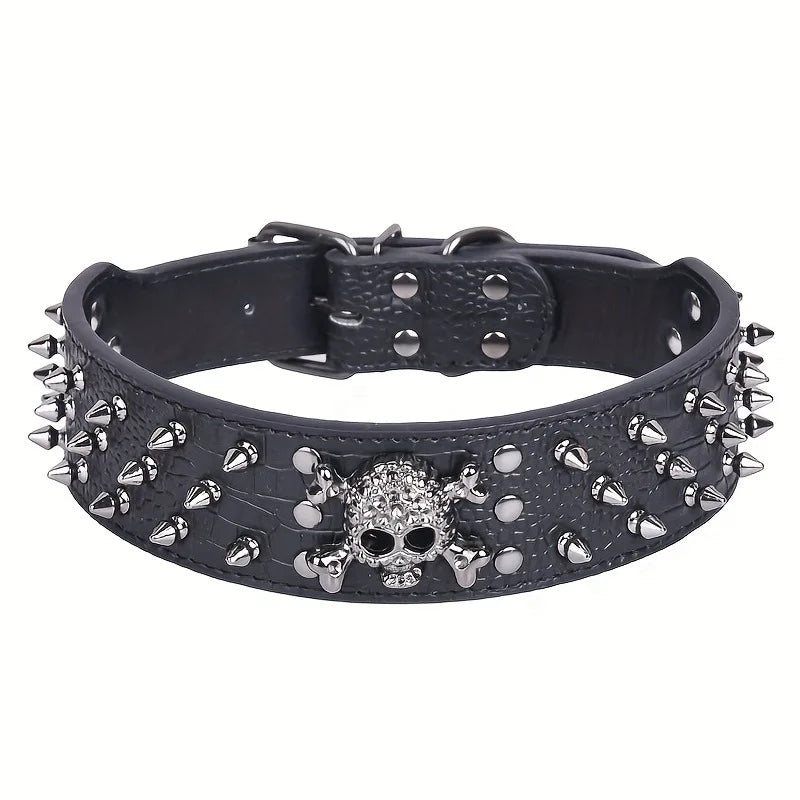 A black PU leather dog collar with round skull rivet decoration and metal buckle, shown against a plain white background.