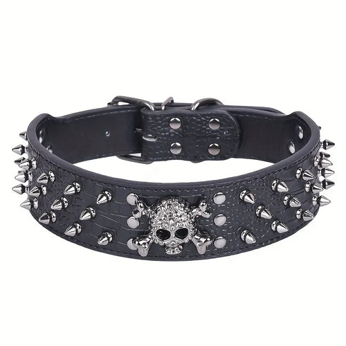 A black PU leather dog collar with round skull rivet decoration and metal buckle, shown against a plain white background.