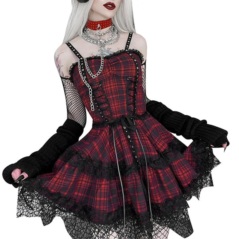 Red plaid suspender outfit with lace waist detail