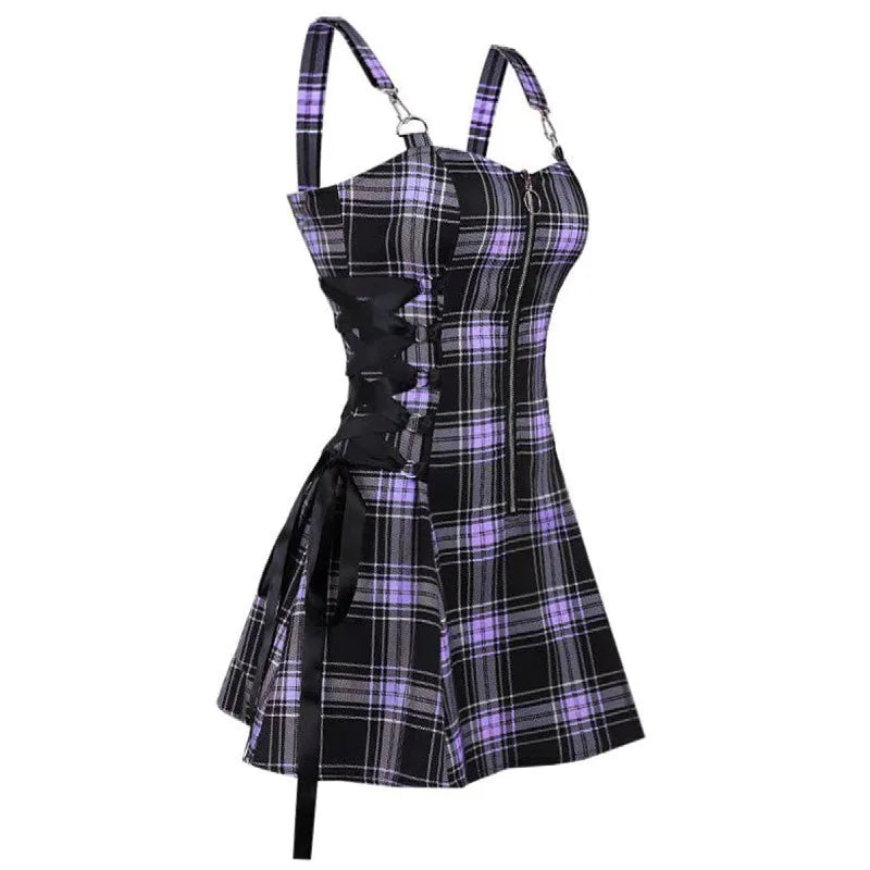 A sleeveless purple plaid bodycon mini dress with a high waist, shown against a plain white background.