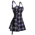 A sleeveless purple plaid bodycon mini dress with a high waist, shown against a plain white background.